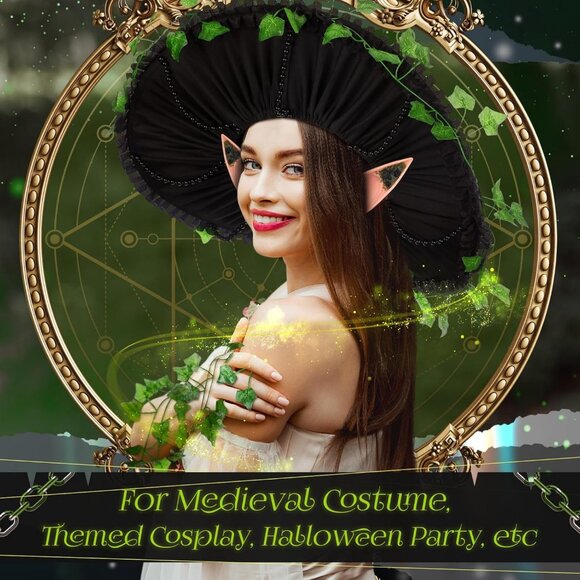 Black Polka Dot Witch Hat with Green Ivy Accent - Women\'s Costume Accessory